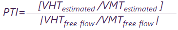 Equation. Planning time index equals the result of estimated vehicle hours traveled divided by vehicle miles traveled then divided by free flow vehicle hours traveled divided by free flow vehicle miles traveled.