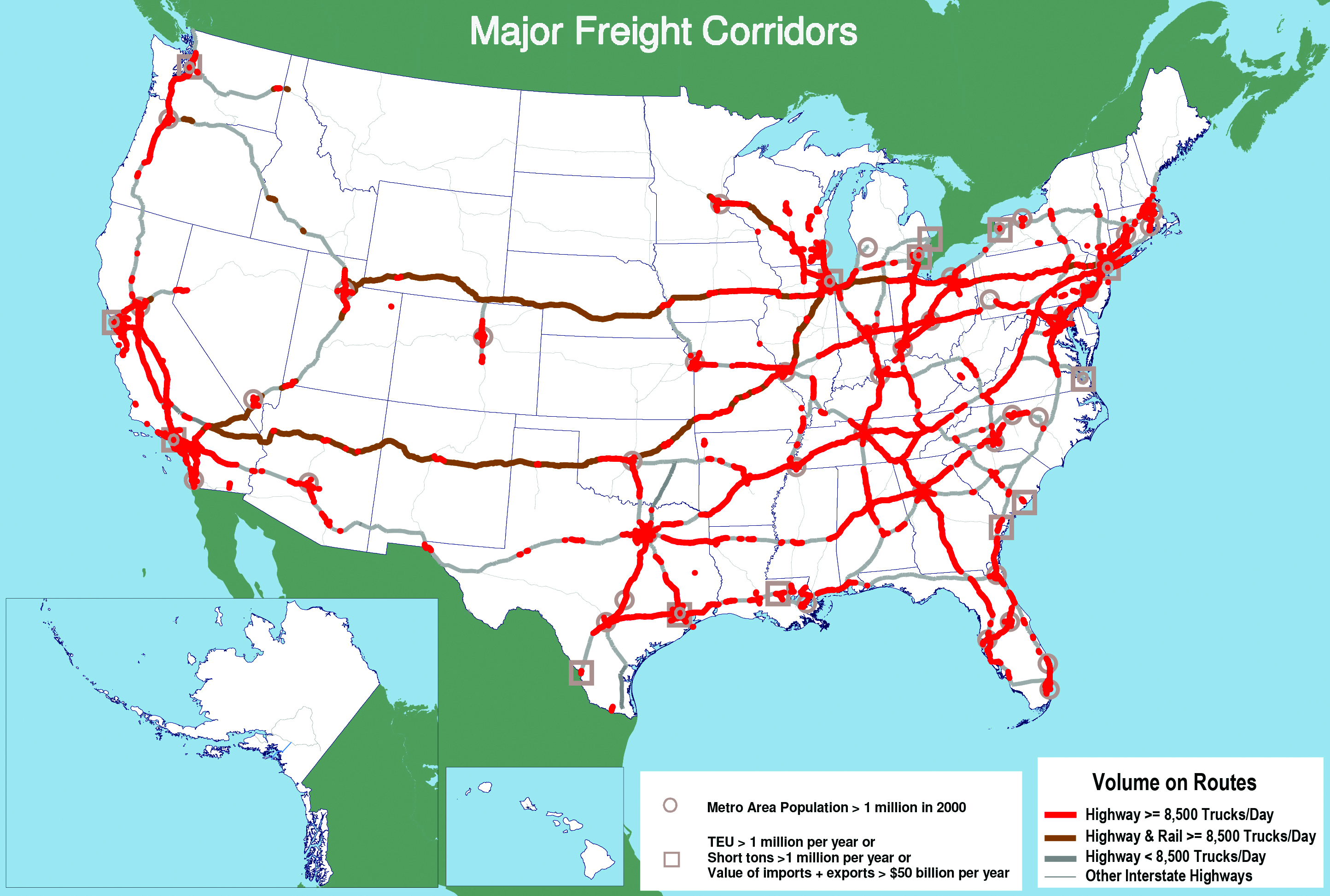 Image of US with colored lines denoting volume on major roads. With heaviest traffic on the East coast on interstates.  Some heavy volume indicated around large cities such as LA also.