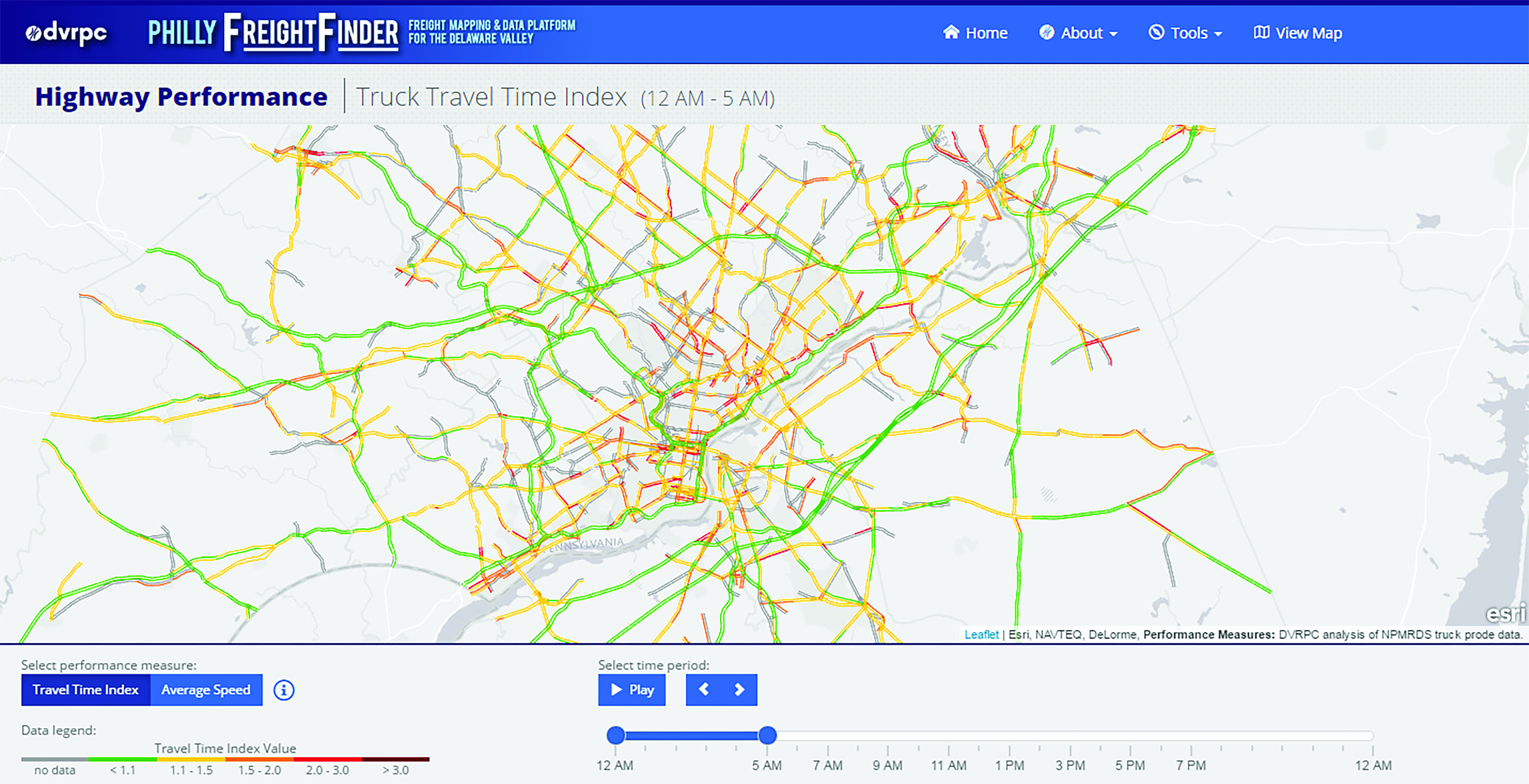 image of Philly Freight Finder.  Image of Map of Philadelphia with major streets in red (< 1.1), yellow (1.1 – 1.5), orange (1.5 – 2.0), red (2.0 – 3.0), dark red (> 3.0).  Heaviest sections are in the downtown area.