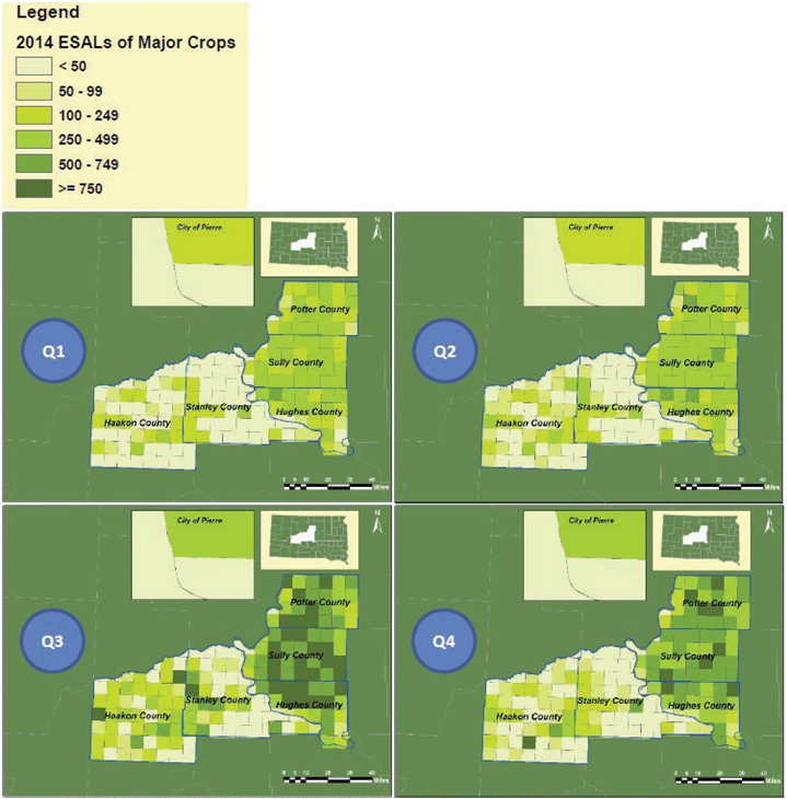 A series of four maps of a region comprising five contiguous counties in central South Dakota. Each map represents one quarter, and each of the five counties is divided into squares. For each quarter, the squares are shaded based on estimated Equivalent Single Axle Loads (ESALs). In quarters 3 and 4, the majority of the squares in the three eastern-most counties are darkly shaded, representing ESALs of 500 or greater.