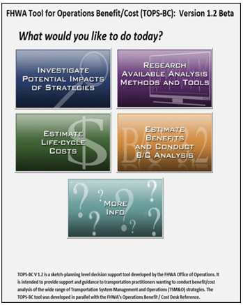 Screen capture of the opening screen for the TOPS-BC tool. The user may investigate potential impacts of strategies, research available analysis methods and tools, estimate life-cycle costs, estimate benefits and conduct a benefit-cost analysis, or request more information.