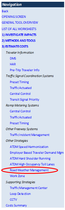 Screen capture of the TOPS-BC navigation screen with the Road Weather Management link circled.