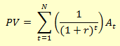 Equation. Present value equals the result of 1 divided by the sum of 1 plus the discount rate raised to the t power (time). The result is then multiplied by the amount of benefit or cost in year t. Discounted values are summed together for each year of the life-cycle analysis period to yield an overall present value.