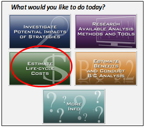 Screen capture of the TOPS-BC start page with the estimate life-cycle costs activity option circled.