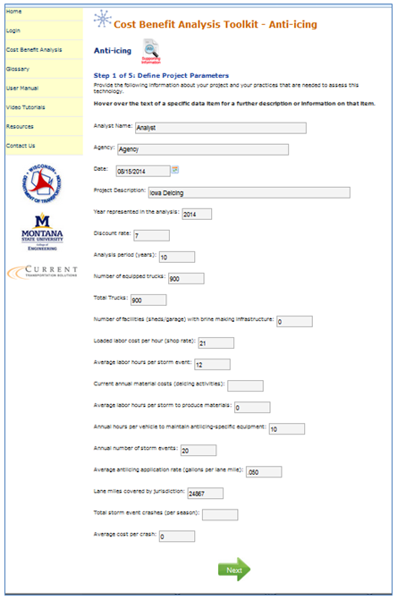 On the Clear Roads anti-icing benefit-cost analysis tool project parameters page, users are required to input details about the project.