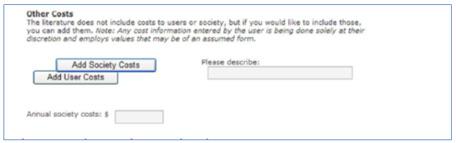 Screen capture shows a screen for other costs in which the user may input costs to users or society.