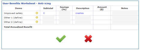 Screen capture of the Clear Roads tool benefits page, which outlines the financial and material benefits identified based on the user's inputs.