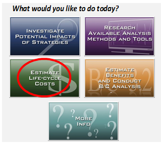 Screen capture of the TOPS-BC start page with the estimate life-cycle costs function circled.