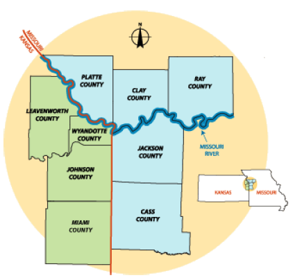 Stylized graph shows map of the nine counties within Kansas and Missouri that comprise MARC, including the counties of Leavenworth, Wyandotte, Johnson, and Miami in the State of Kansas and the counties of Platte, Clay, Ray, Jackson, and Cass in Missouri.