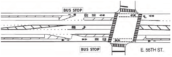 Drawing depicts the design for the 55th street road diet in Chicago, which features dedicated bike lanes and space for transit bus stops.