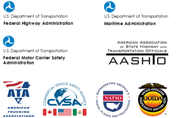 Logos for participating members of the National Coalition on Truck Parking, including the US Department of Transportation, the USDOT Federal Motor Carrier Safety Administration, the USDOT Federal Highway Administration, the USDOT Maritime Administration, the American Association of State Highway and Transportation Officials, the American Trucking Associations, the Owner-Operator Independent Driver Association, the National Association of Truck Stop Operators, and the Commercial Vehicle Safety Alliance.