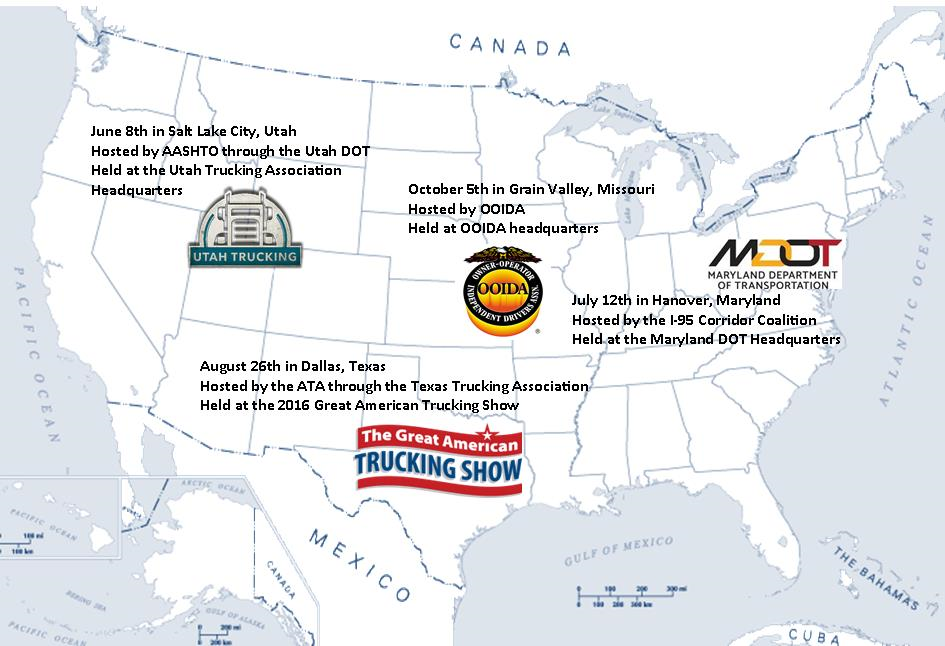 Map of North America shows that the regional meetings were held June 8th in Salt Lake City, UT (hosted by AASHTO via UDOT at the Utah Trucking Association Headquarters; July 12th in Hanover Md (hosted by the I-95 Corridor Coalition at Maryland DOT); August 26th in Dallas, TX (hosted by the Texas Trucking Association at the 2016 Great American Trucking Show); and October 5th in Grain Valley, MO (hosted by OOIDA at OOIDA Headquarters).