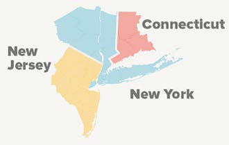 map of the New York tri-state area labeled New York, New Jersey, and Connecticut