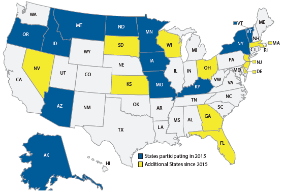 Map indicates that in 2015, participating states included Alaska, Arizaona, Idaho, Iowa, Kentucky, Minnesota, Montana, New York, North Dakota, Oregon, and Vermont. States participating in 2017 include Delaware, Florida, Georgia, Kansas, Massachusetts, Nevada, New Jersey, Ohio, South Dakota, and Wisconsin.