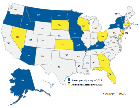 States that participated in the Meteorological Assimilation Data Ingest System in 2015 include Alaska, Airzona, Oregon, North Dakota, Minnesota, Iowa, Missouri, Kentucky, New York, and Vermont. Thos that begain participating since 2015 include Florida, Georga, Kansas, Nevada, Ohio, Wisconsin, South Dakota, Delaware, New Jersey, and Massachussetts.