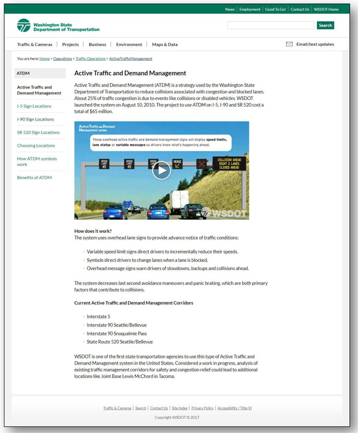 Illustration that is a screen shot of the WSDOT ATDM website used to promote the system and educate the public on how the system works.
