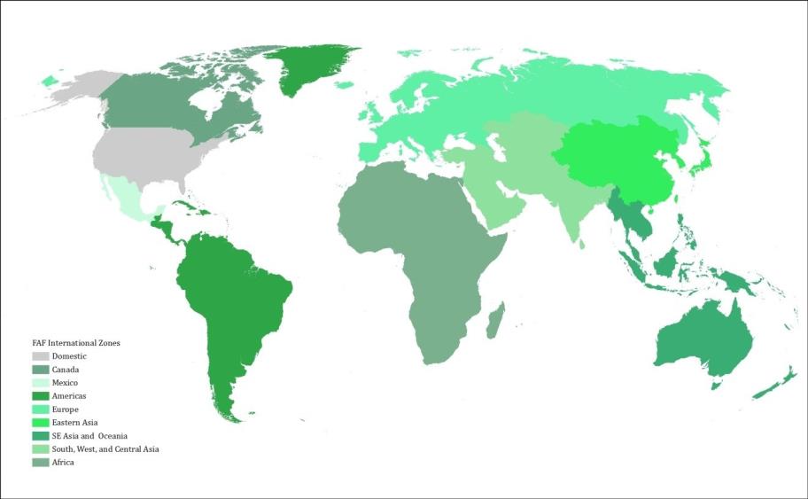 Map of international FAF zones in the world. Each zone is a combination of countries or one country (e.g. Canada is one FAF zone and Mexico is one FAF zone). Zones are colored differently for easier visibility and do not have any other meaning.