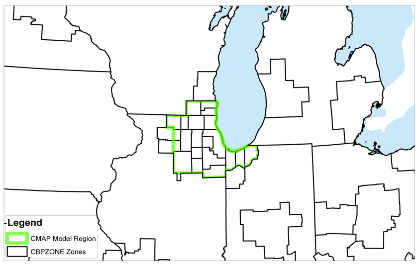 This figure shows CBP zones boundaries in black and CMAP model zones in green. The colors are for easier visibility and do not have any other meaning.