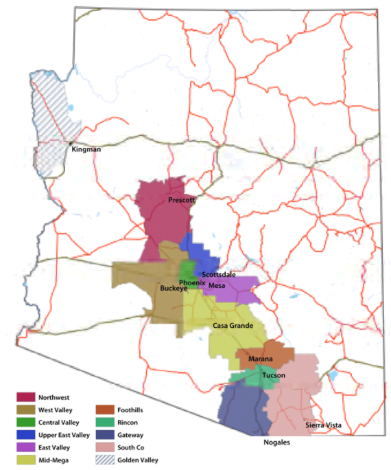 This figure shows the extent of the Sun Corridor megaregion. Counties are shown in different colors. Prescott is in dark pink, Buckeye is in light brown, Scottsdale is in blue, Phoenix is in green, Mesa is in purple, Casa Grande is in light green, Marana is in dark brown, Tucson is in light green, Nogales is in navy blue and Sierra Vista is in light pink. Goldern Valley is shown with a dashed line. The colors are for easier visibility and do not have any other meaning.