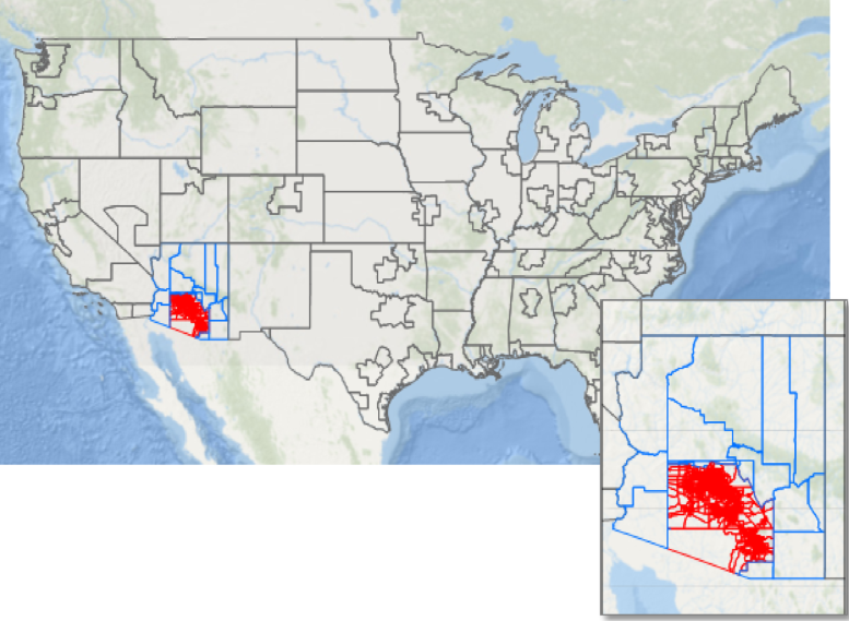 This figure shows the zone system used in the MAG freight model. FAF zone boundaries are shown in grey, Arizona zones outside MAG region boundaries are shown in blue and MAG region zones boundaries are shown in red. The colors are for easier visibility and do not have any other meaning.