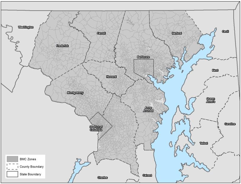 This figure shows the extent of BMC regional zones. BMC zones are in dark grey and county boundaries are in dash lines. The colors and line format are for easier visibility and do not have any other meaning.