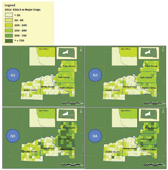 A series of four maps of a region comprising five contiguous counties in central South Dakota. Each map represents one calendar quarter, and each of the five counties is divided into squares. For each quarter, the squares are shaded based on estimated Equivalent Single Axle Loads (ESALs). In quarters 3 and 4, the majority of the squares in the three eastern-most counties are darkly shaded, representing ESALs of 500 or greater.