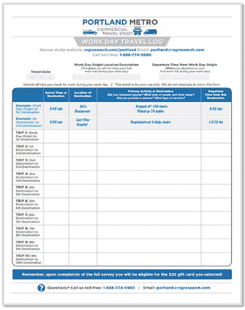 An example of a paper travel log survey for commercial vehicle driver participants.