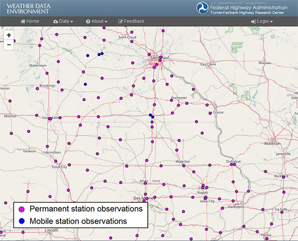 Figure 1. Map displaying permanent station observations and mobile station observations.