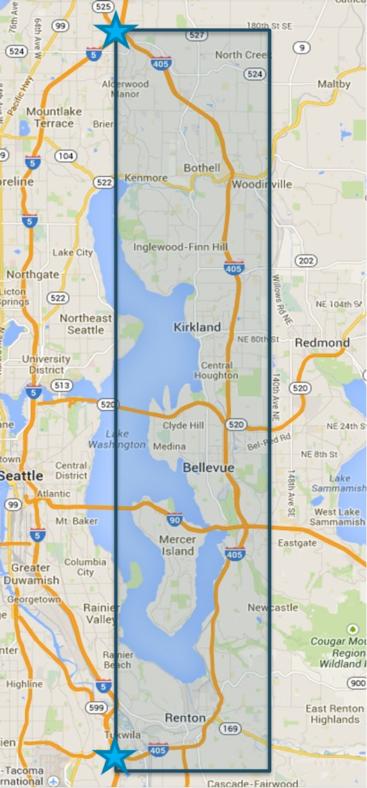 Figure 15. I-405 Geographical Coverage. Figure 15 depicts the geographical coverage of I-405 corridor in this case study, extending from a junction north of Lake Washington with I-5 to a junction rejoining I-5 south of Lake Washington.