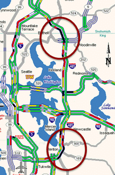 Figure 16. Bottleneck Locations. As shown in Figure 16, two bottleneck locations were identified based on WSDOT Traffic Map Archive and speed data. They are at the interchange of SR-169 and just south of the SR-522 interchange.