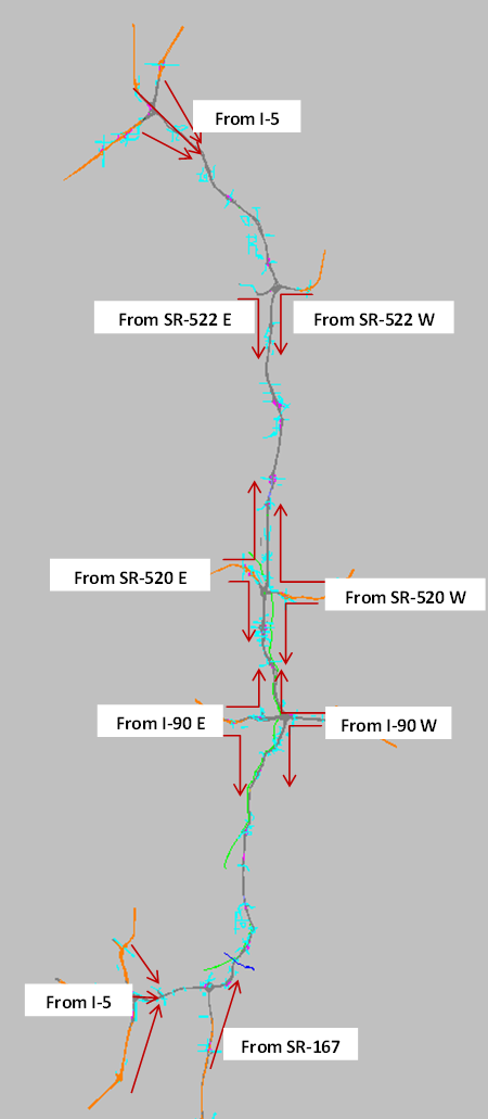 Figure 20. Locations for Demand Adjustment. Figure 20 shows a subset of travel demand origins that were the focus of demand adjustment (both total flow and temporal profile) during the calibration process.