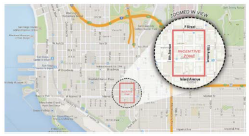 High-level map of San Diego with a pullout magnifying the incentive zone.