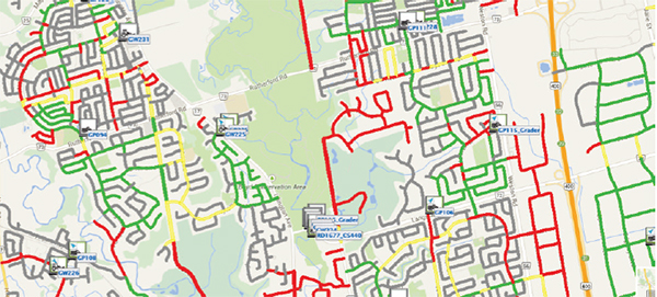 Agency staff and the public can view the location of plow trucks and status of plowed streets by viewing a map of the road network and plow locations, with a three-tiered color scheme (green, yellow and red) to show the status of plowed streets.  The map has many red lines representing streets that need to be plowed, with some green and yellow lines.