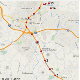 This map shows numbered points (from 0 to 14) along a road that mark specific locations where a ping is sent from the vehicle as it moves along the road. Copyright 2017 Google.