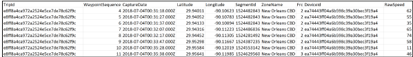 Screen capture of a table depicting data feeds with information for Trip ID, Waypoint sequence, Capture date, Latitude, Longitude, Segment ID, Zone Name, Frc, Device ID, and Raw speed.