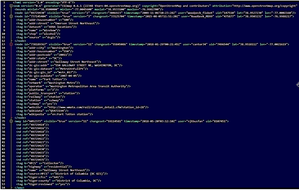 Screen capture of XML code depicting of crowdsourced OpenStreetMap data.