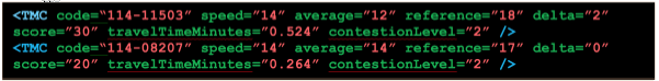 This shows an example of TMC data as INTRIX code. Each line of code contains the TMC code, speed, average, reference, delta, score, travel time minutes, and congestion level.