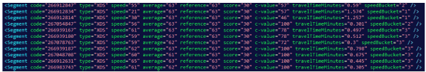 This shows an example of TMC data as Extreme Data code. Each line of code contains the Segment code, type, speed, average, reference, score, c-value, travel time minutes, and speed bucket.