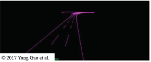 Third of three point cloud images. This image is filtered to show only vectorized pavement markings as purple lines on a black background. Copyright 2017 Yang Gao et al.