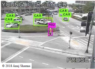 This is a photo of an intersection in an urban setting. Objects have rectangles drawn around them with labels indicating the type of objects. This image shows five vehicles labeled as cars and one object labeled as a pedestrian. Copyright 2018 Anuj Sharma.