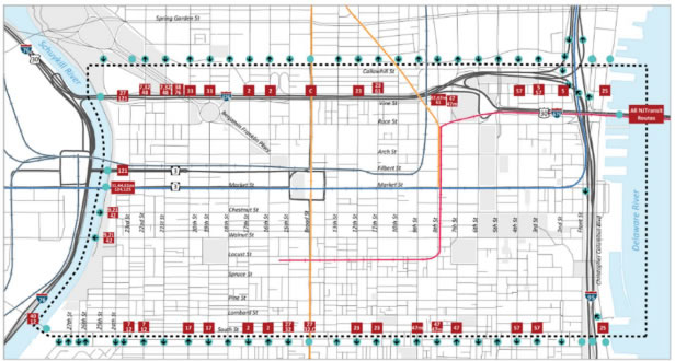 Map of downtown Philadelphia study area with border area denoted.  The map is discussed in the surrounding area.