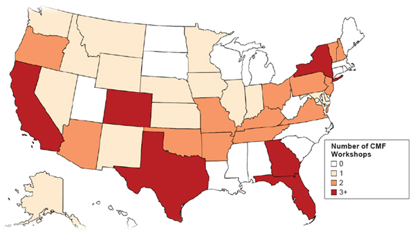 Map of the U.S. identifying the number of capability maturity frameworks workshops in each state. Three plus workshops: California, Colorado, Texas, New York, Georgia, and Florida. Two workshops: Oregon, Arizona, Oklahoma, Missouri, Arkansas, Ohio, Kentucky, Tennessee, Pennsylvania, Virginia, New Jersey, Vermont, and New Hampshire. One workshop: Alaska, Washington, Idaho, Montana, Nevada, Wyoming, New Mexico, Nebraska, Kansas, Minnesota, Iowa, Illinois, Indiana, Maryland, and Delaware. Zero workshops: Utah, Hawaii, North Dakota, South Dakota, Wisconsin, Michigan, Louisiana, Mississippi, Alabama, South Carolina, North Carolina, West Virginia, Connecticut, Rhode Island, Massachusetts, and Maine.