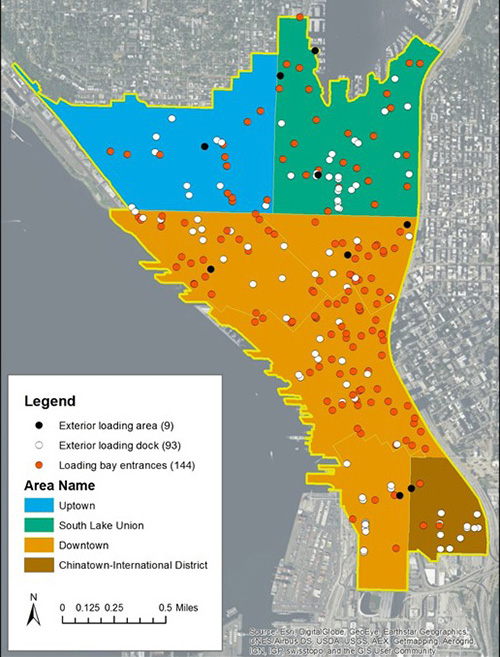 map of four of Seattle's urban centers, marked to show exterior loading areas, exterior loading docks, and internal loading bay entrances