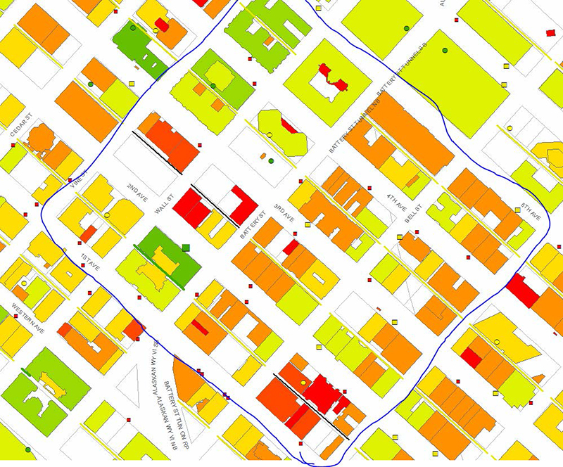 map of a section of Downtown Seattle with a line drawn around a four square block section