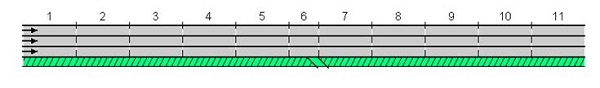 Drawing shows road with off-ramp leaving the road in the middle, and the part time shoulder lane is open throughout the entire length of the road.