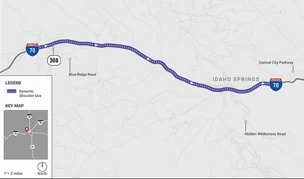 Map shows  the dynamic part-time shoulder use corridor in Colorado. It follows Interstate 70, right before Route 308 and continues through Idaho Springs, right before the Central City Parkway.