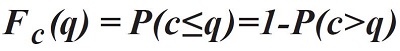 Equation reads: F sub C parenthesis q end parenthesis equals P parenthesis c is less than or equal to q end parenthesis, equals one minus P parenthesis c greater than q end parenthesis.