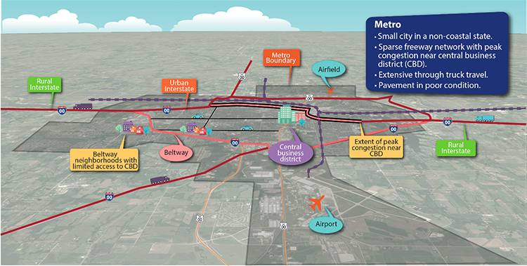 Map shows a small city and its geographic context.