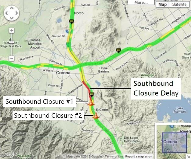 Map showing locations of lane closures. Traffic flow along the road is color coded, with green showing free flow and red showing closure delays.