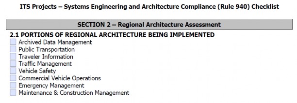 Chart from ODOT showing Systems Engineering and Architecture Compliance Checklist